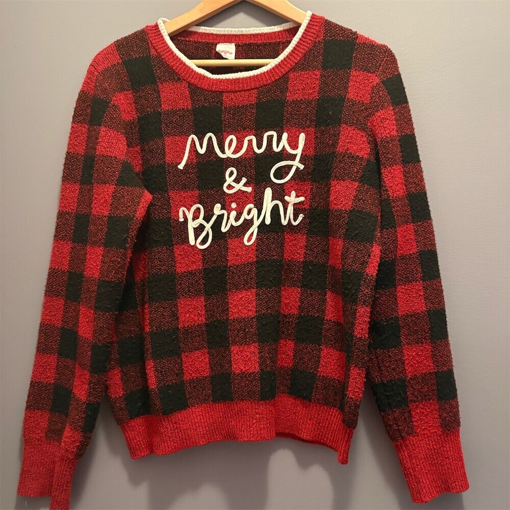Holiday Time Sweater Womens Size M Red Black Buffalo Plaid Merry & Bright